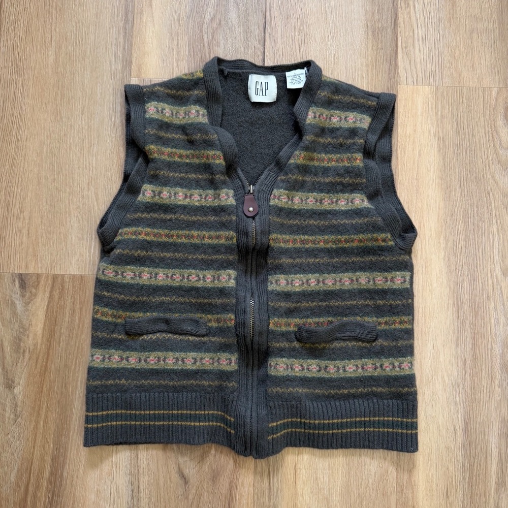 Vintage Gap Merino Wool Zip Front Sweater Vest Fair Isle Brown Gray